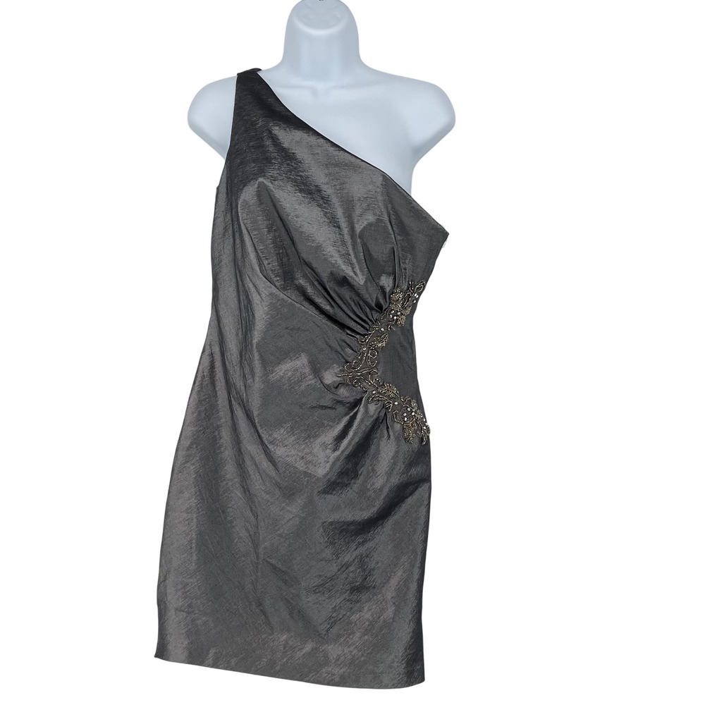 Vintage Jessica McClintock One Shoulder Gray Beaded Party Cocktail Dress Size 12